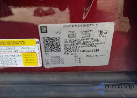 2017 Chevrolet Traverse 1Lt from USA, damaged, VIN 1GNKVGKD4HJ342986